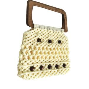 Vintage Boho 1960s 1970s Wood Handle and Beaded Macramé Purse Hand Bag